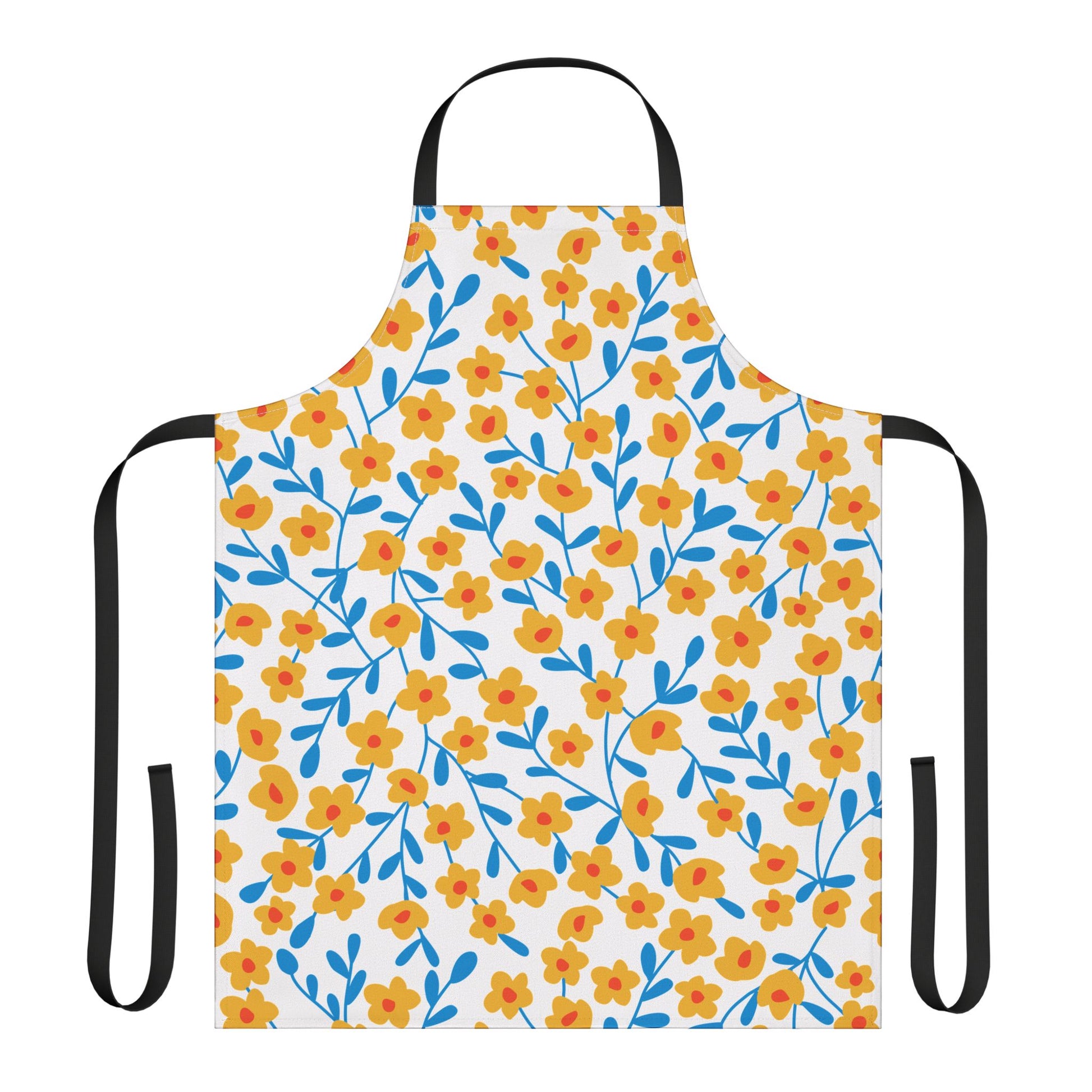 Floral Apron featuring a white background with stylized yellow flowers and blue stems, complemented by black ties. Perfect for cooking or crafting with a comfortable, stain-free design.