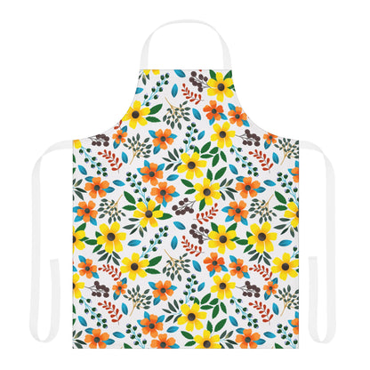 Floral Apron featuring a vibrant, colorful pattern of stylized yellow and orange flowers with green and blue leaves, complemented by white neck and waist ties. Designed for comfort and ease, perfect for joyful cooking sessions.