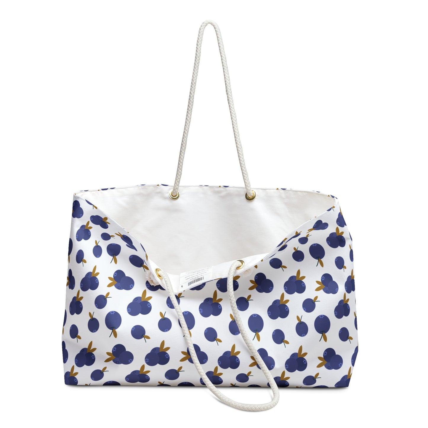 Weekender Bag - Blueberry Pattern Travel Tote with elegant rope handles, showcasing a chic blueberry design. Made from durable 100% spun polyester, it's spacious and perfect for stylish weekend getaways.