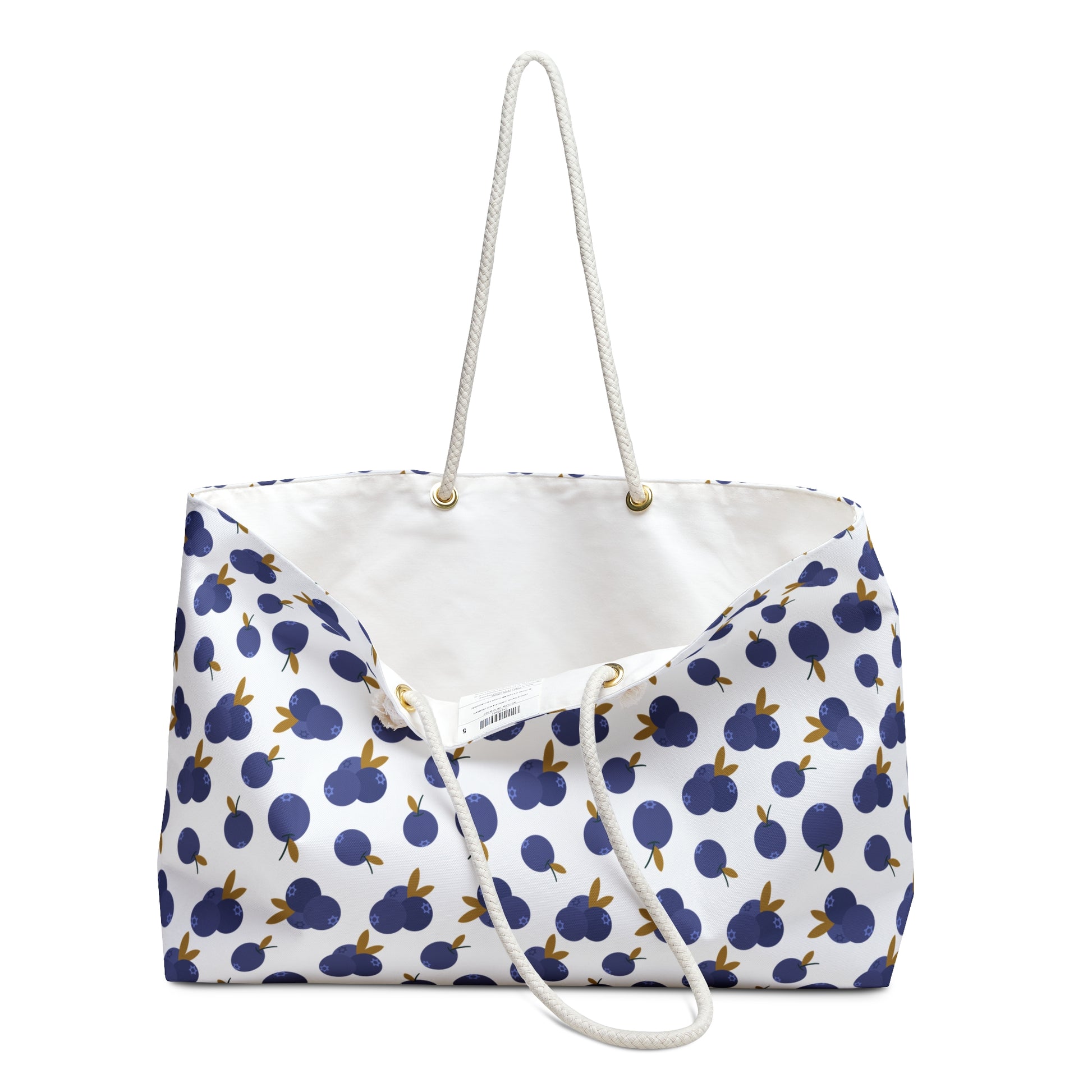 Weekender Bag - Blueberry Pattern Travel Tote with elegant rope handles, showcasing a chic blueberry design. Made from durable 100% spun polyester, it's spacious and perfect for stylish weekend getaways.