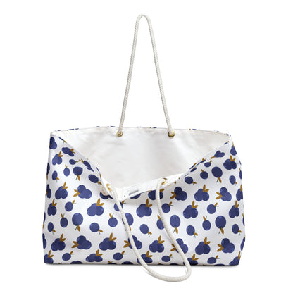 Weekender Bag - Blueberry Pattern Travel Tote with elegant rope handles, showcasing a chic blueberry design. Made from durable 100% spun polyester, it's spacious and perfect for stylish weekend getaways.