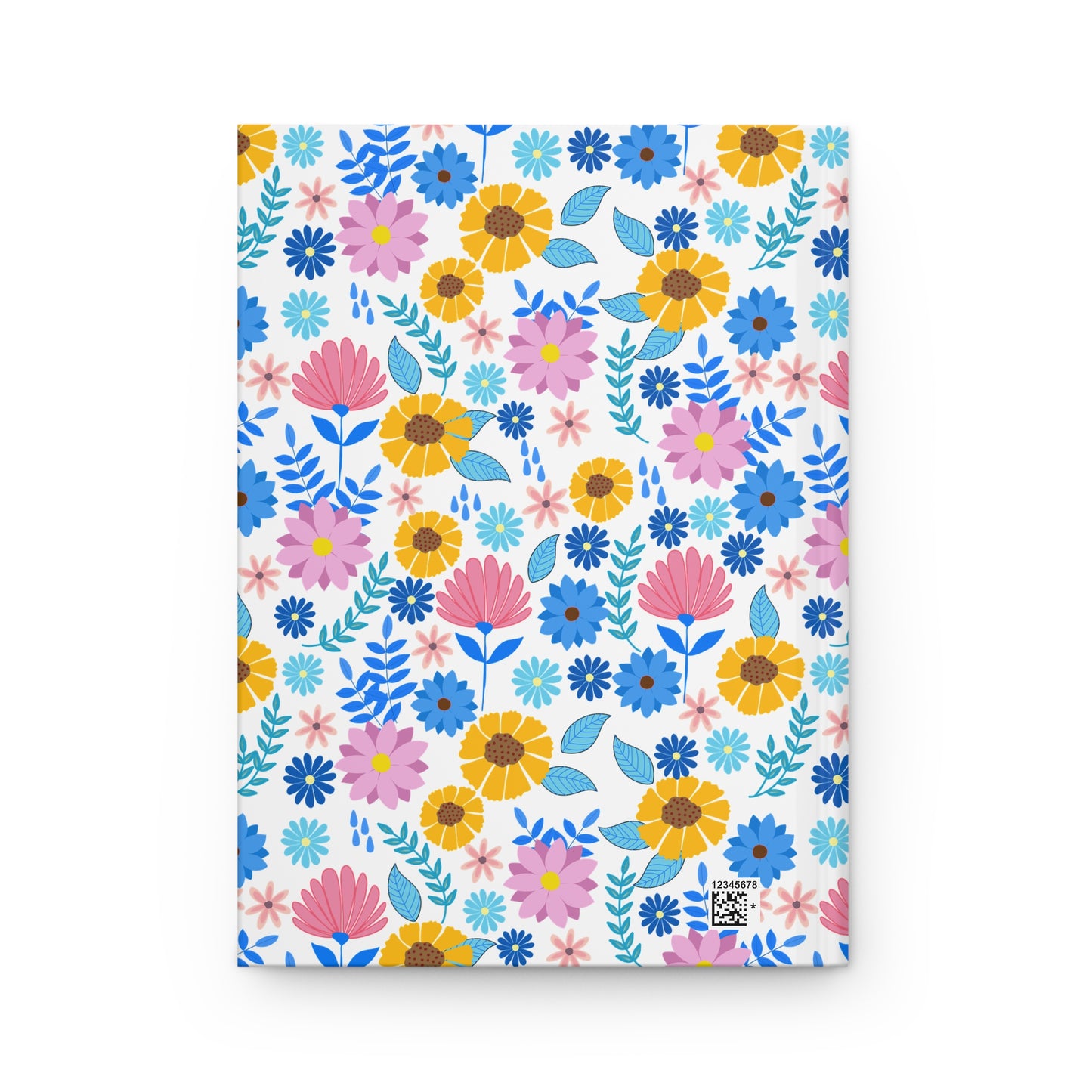 HARDCOVER JOURNAL, MATTE, RULED, 5X7, SEWN BIND, CLEAN-TEAR PAGES – CHEERFUL BLOOMS MIX features a vibrant floral pattern with yellow, pink, lavender, and blue flowers, embodying FireBrook Designs' uplifting style.