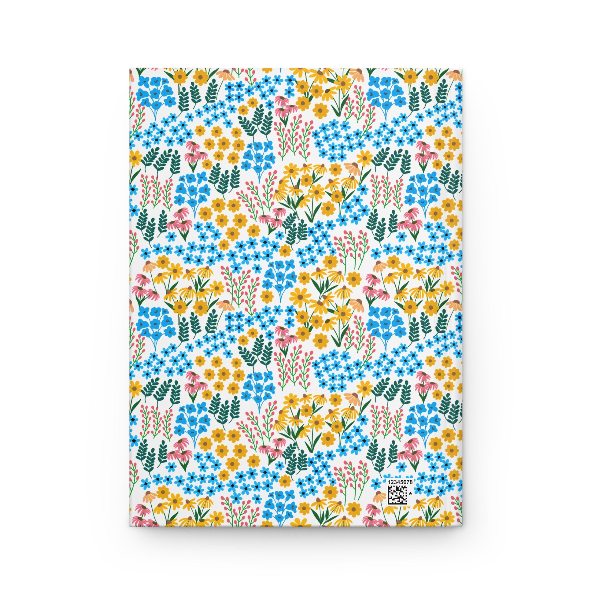 HARDCOVER JOURNAL, MATTE, RULED, 5X7, SEWN BIND, CLEAN-TEAR PAGES – WILDFLOWER MEADOW MIX features a vibrant, seamless floral pattern on a matte cover, embodying FireBrook Designs' uplifting aesthetic.