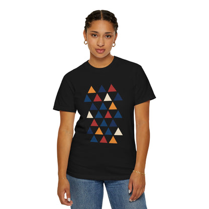 Geometric Triangle Grid T-Shirt showcasing a modern design with equilateral triangles. Crafted for comfort and style, ideal for casual or special occasions, aligning with FireBrook Essentials' uplifting and stylish apparel ethos.