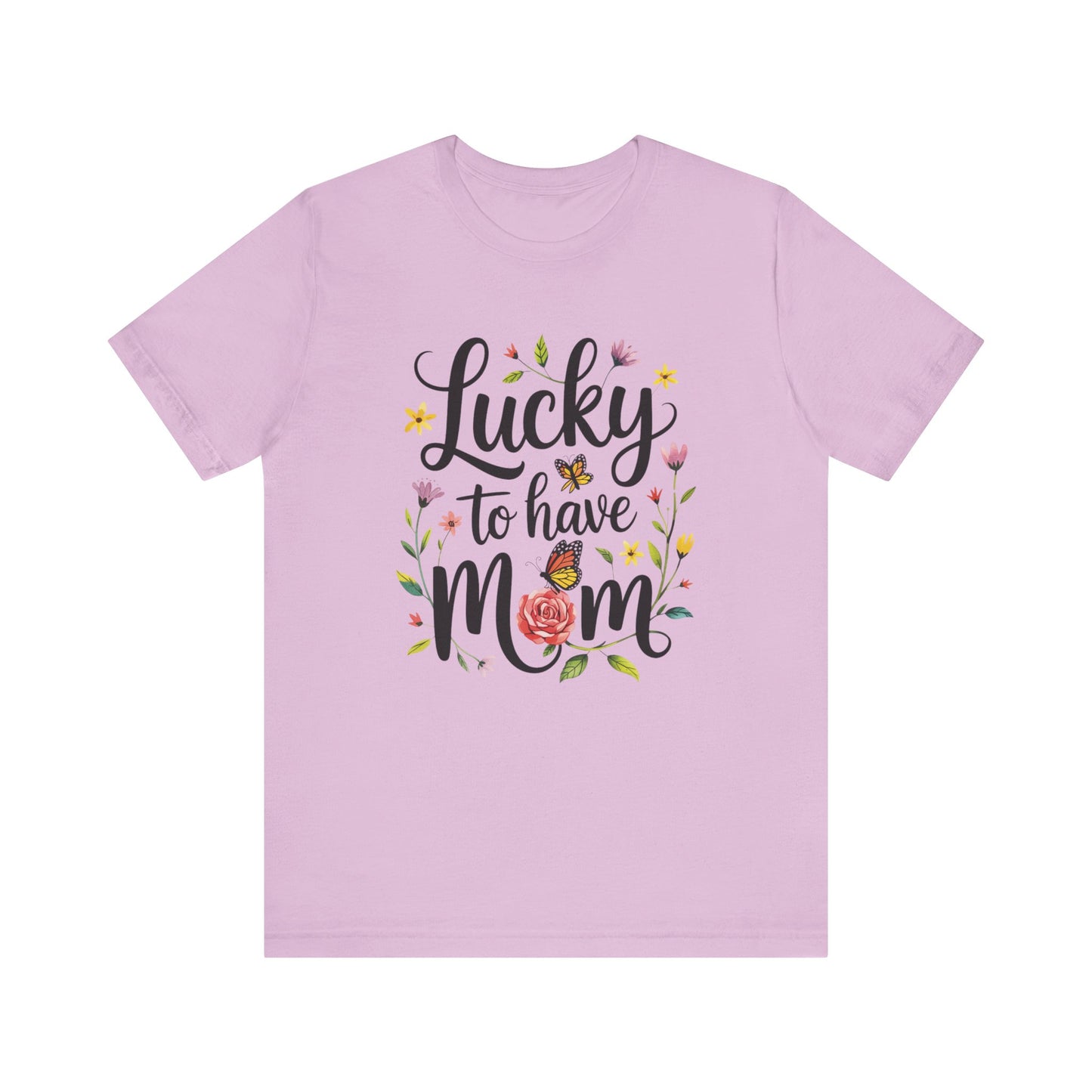 Lucky to Have Mom Mother's Day Bella+Canvas Unisex T-Shirt featuring a floral design and 'Lucky to have mom' text, ideal for casual wear, sold by FireBrook Essentials.
