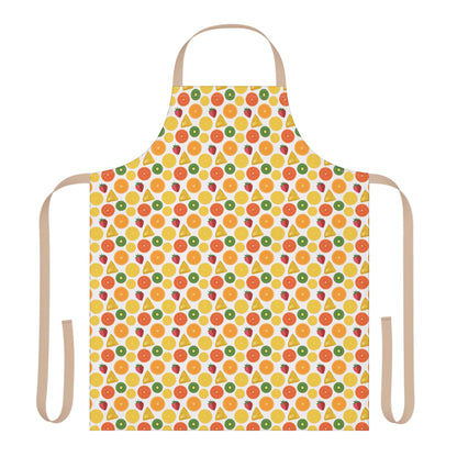 Apron, Fruit Slices Pattern, 5-Color Straps: A close-up of the vibrant, fruit-patterned apron, showcasing its playful design and sturdy tie-back closure, capturing FireBrook Designs' essence of stylish, joyful living.