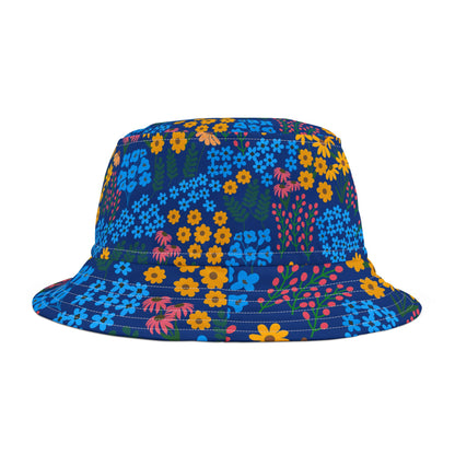 Vibrant Floral Bucket Hat - Colorful Summer Accessory: A deep blue hat adorned with a lively floral print featuring yellow, pink, and light blue flowers with green leaves, embodying FireBrook Designs' joyful style.
