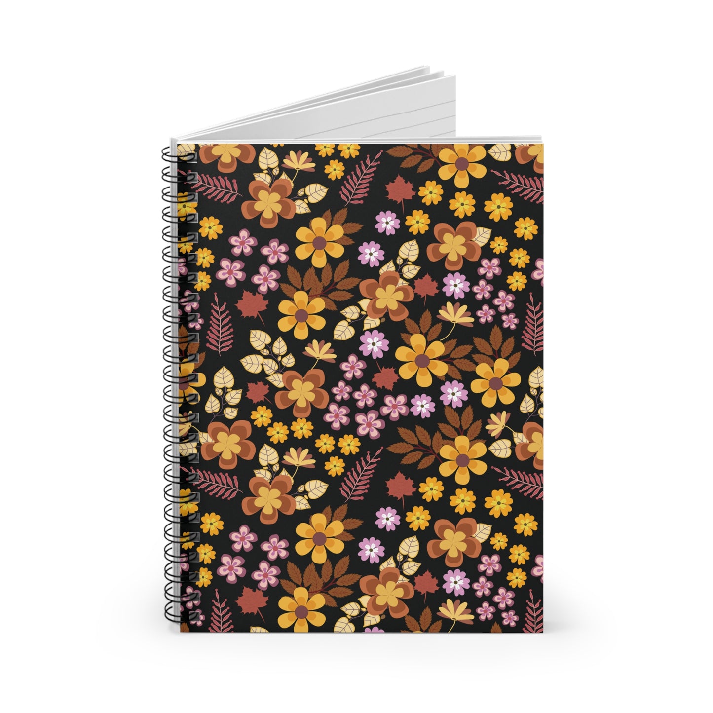 Floral Spiral Notebook with vibrant blossoms and autumn-toned leaves on the cover, featuring a sleek metal spiral binding and lined pages peeking out, ideal for creative and organized note-taking.