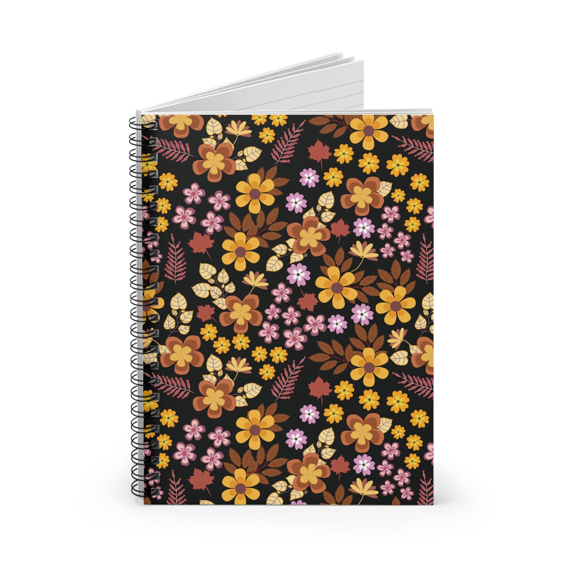 Floral Spiral Notebook with vibrant blossoms and autumn-toned leaves on the cover, featuring a sleek metal spiral binding and lined pages peeking out, ideal for creative and organized note-taking.