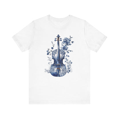 Violin Bella+Canvas Unisex T-Shirt featuring a blue and white violin and floral design, perfect for music enthusiasts seeking stylish, comfortable apparel for casual outings or concerts.