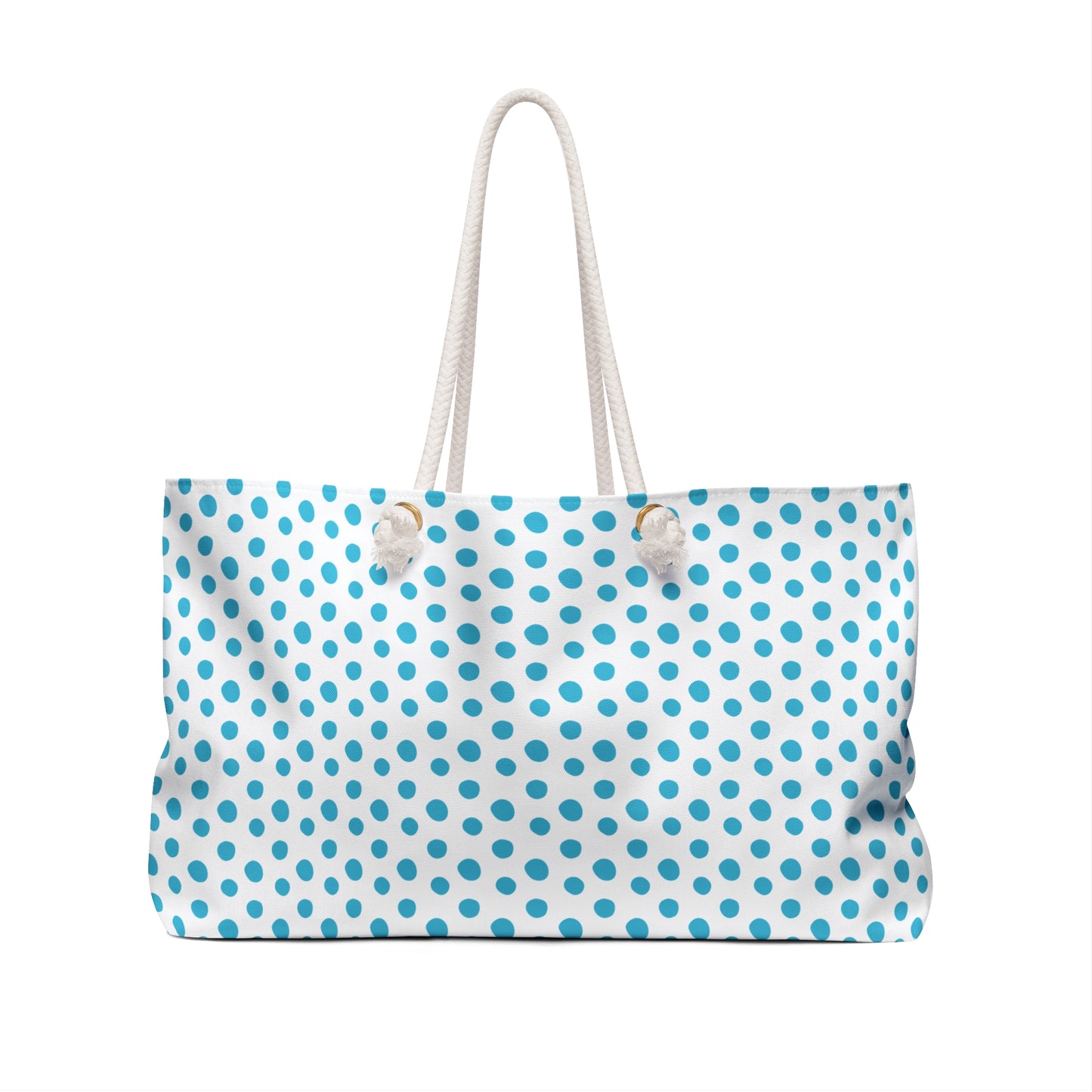 Weekender Bag - Light Blue Polka Dots Travel Tote with white rope handles, showcasing a playful design. Ideal for joyful, stylish getaways, reflecting FireBrook Essentials' commitment to uplifting, functional fashion.