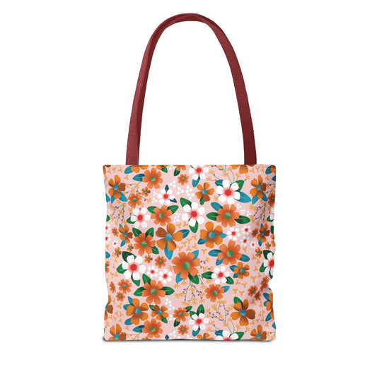Peach Poppy Grove Tote Bag with dark-red handles, featuring a vibrant spring floral pattern of orange and white blossoms on pale pink, ideal for joyful summer outings.
