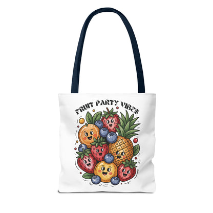 Fruit Party Tote Bag - Fun Summer Vibes; a stylish and durable polyester tote with reinforced handles and boxed corners, perfect for adding a playful touch to your summer activities and excursions.