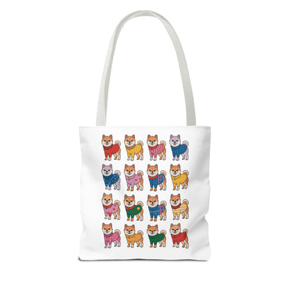 Shiba Inu Grid Tote Bag with Colorful Outfits features playful Shiba Inus in vibrant attire, perfect for adding whimsy to errands. Durable polyester and reinforced handles ensure longevity. Ideal for dog enthusiasts.
