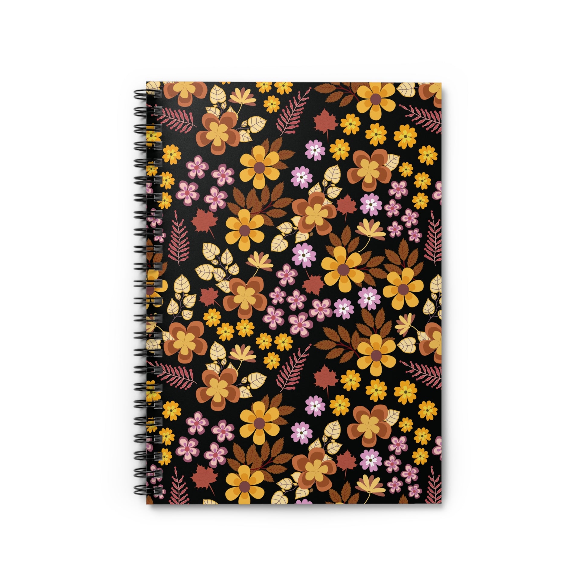 Floral Spiral Notebook with vibrant autumnal floral patterns on a black cover, featuring sleek metal binding for easy page turning. Ideal for creative note-taking and journaling, enhancing your daily tasks with style.
