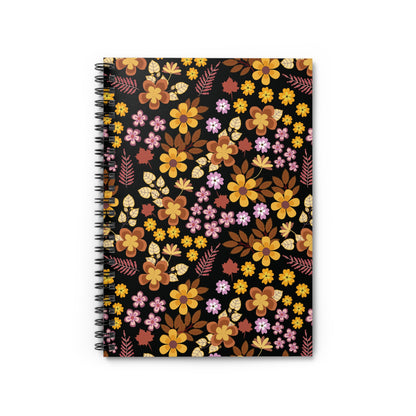 Floral Spiral Notebook with vibrant autumnal floral patterns on a black cover, featuring sleek metal binding for easy page turning. Ideal for creative note-taking and journaling, enhancing your daily tasks with style.