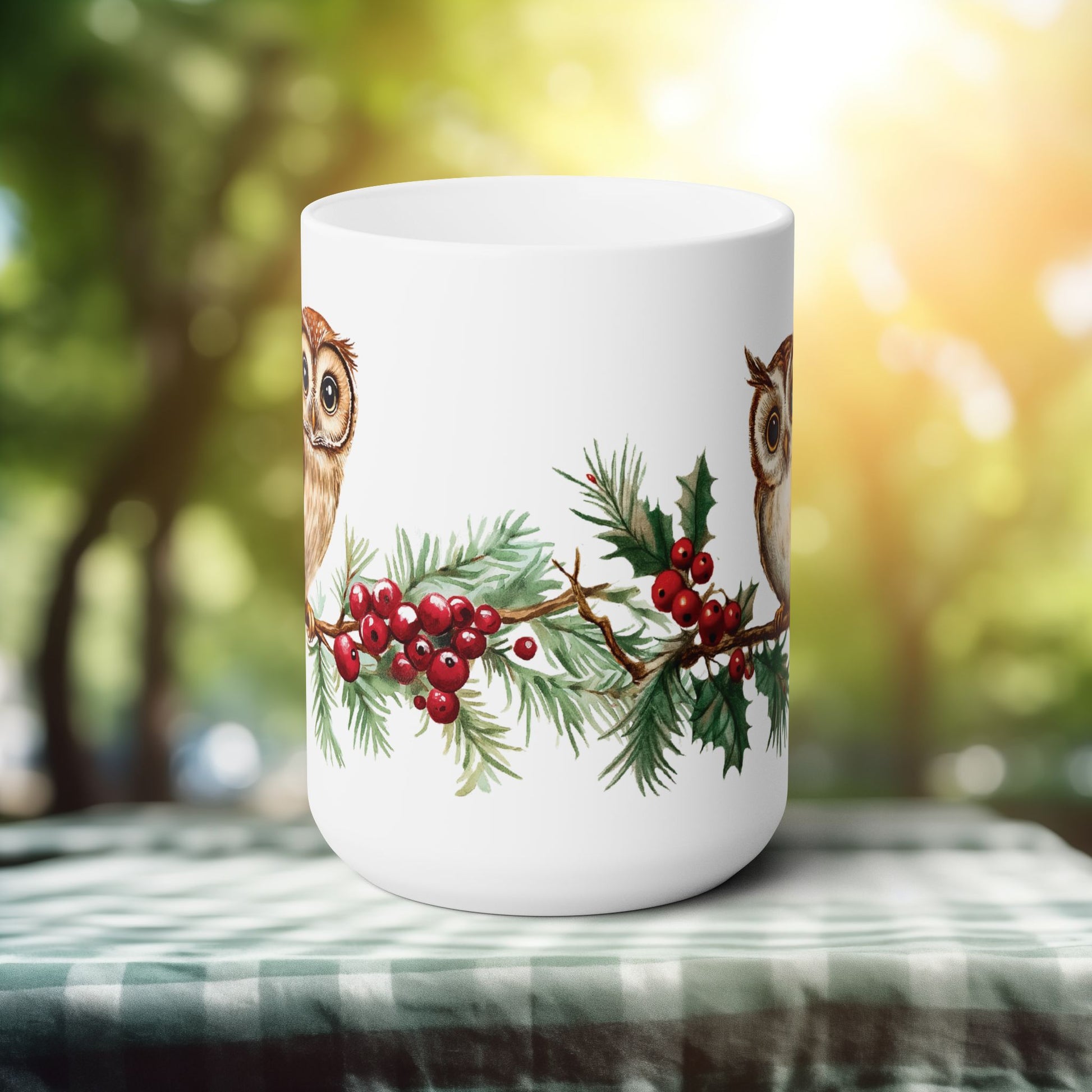 Owls on a Branch Ceramic Coffee Mug - Nature Inspired 15 oz Cup for Bird Lovers, showcasing detailed owl illustrations, perfect for cozy mornings. Ideal for coffee or tea enthusiasts, blending nature's charm with everyday use.
