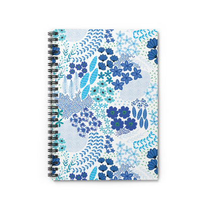 Floral Blue Motif Spiral Notebook with abstract blue and teal floral patterns on the cover, featuring durable metal spiral binding and compact design, perfect for creative and organized note-taking.