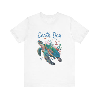 Earth Day Turtle Bella+Canvas Unisex T-Shirt featuring a detailed illustration of a sea turtle swimming with fish, symbolizing eco-friendly values and comfort, perfect for nature enthusiasts.