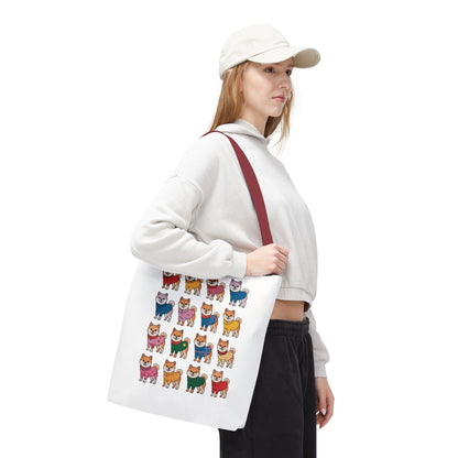 Shiba Inu Grid Tote Bag with Colorful Outfits features playful Shiba Inus in vibrant attire, ideal for adding joy to daily errands. Durable polyester with reinforced handles, perfect for dog lovers.