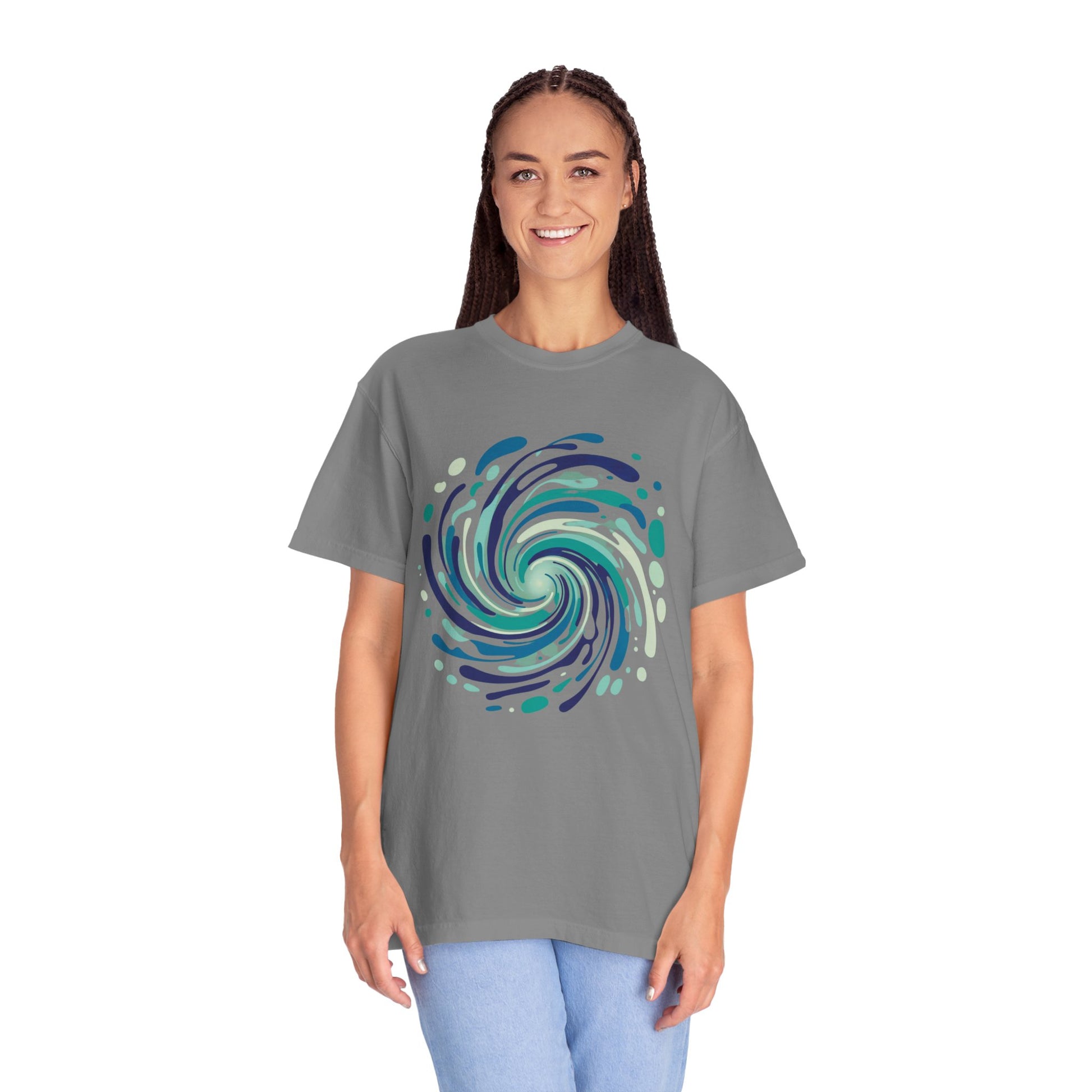 Ocean Waves Abstract T-Shirt features a swirling vortex of fluid lines and bubble-like shapes, creating an energetic design ideal for ocean lovers seeking stylish, comfortable apparel from FireBrook Essentials.