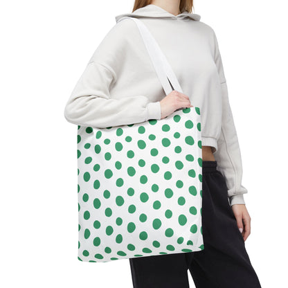 Green Polka Dots Tote Bag close-up, showcasing its playful pattern and durable polyester fabric. Ideal for adding joy and color to everyday outings, with reinforced handles and spacious boxed corners.