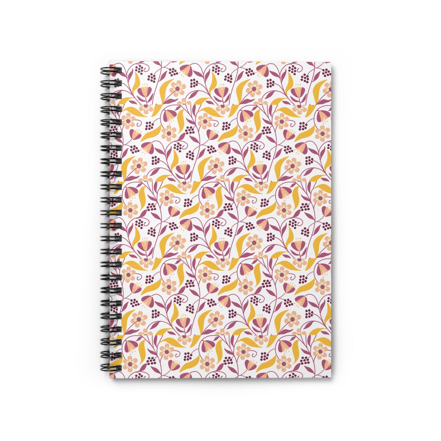 Floral Spiral Notebook with a pink, purple, and mustard-yellow floral pattern, perfect for creativity and organization. Ideal for students or professionals seeking a stylish, joyful companion for notes and sketches.