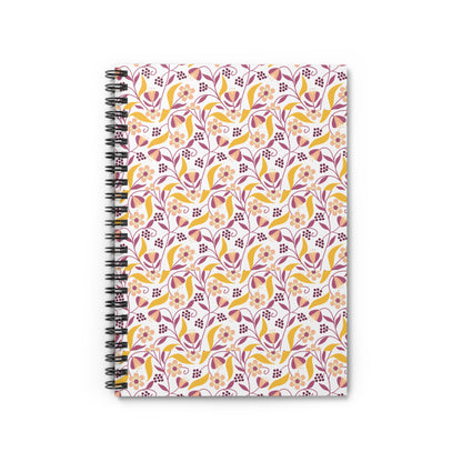 Floral Spiral Notebook with a pink, purple, and mustard-yellow floral pattern, perfect for creativity and organization. Ideal for students or professionals seeking a stylish, joyful companion for notes and sketches.