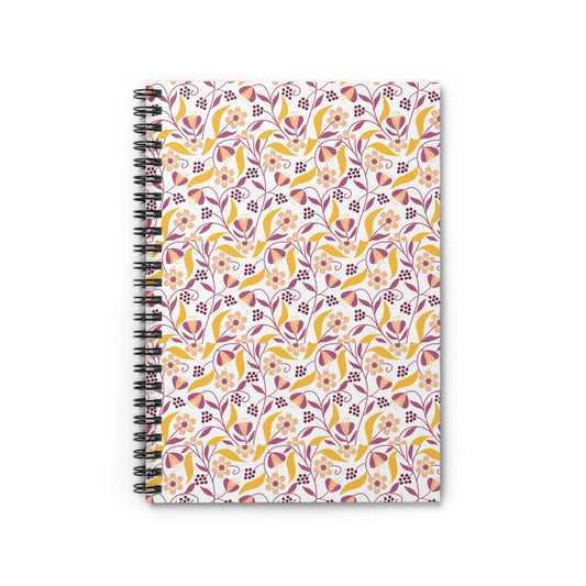 Floral Spiral Notebook with a pink, purple, and mustard-yellow floral pattern, perfect for creativity and organization. Ideal for students or professionals seeking a stylish, joyful companion for notes and sketches.