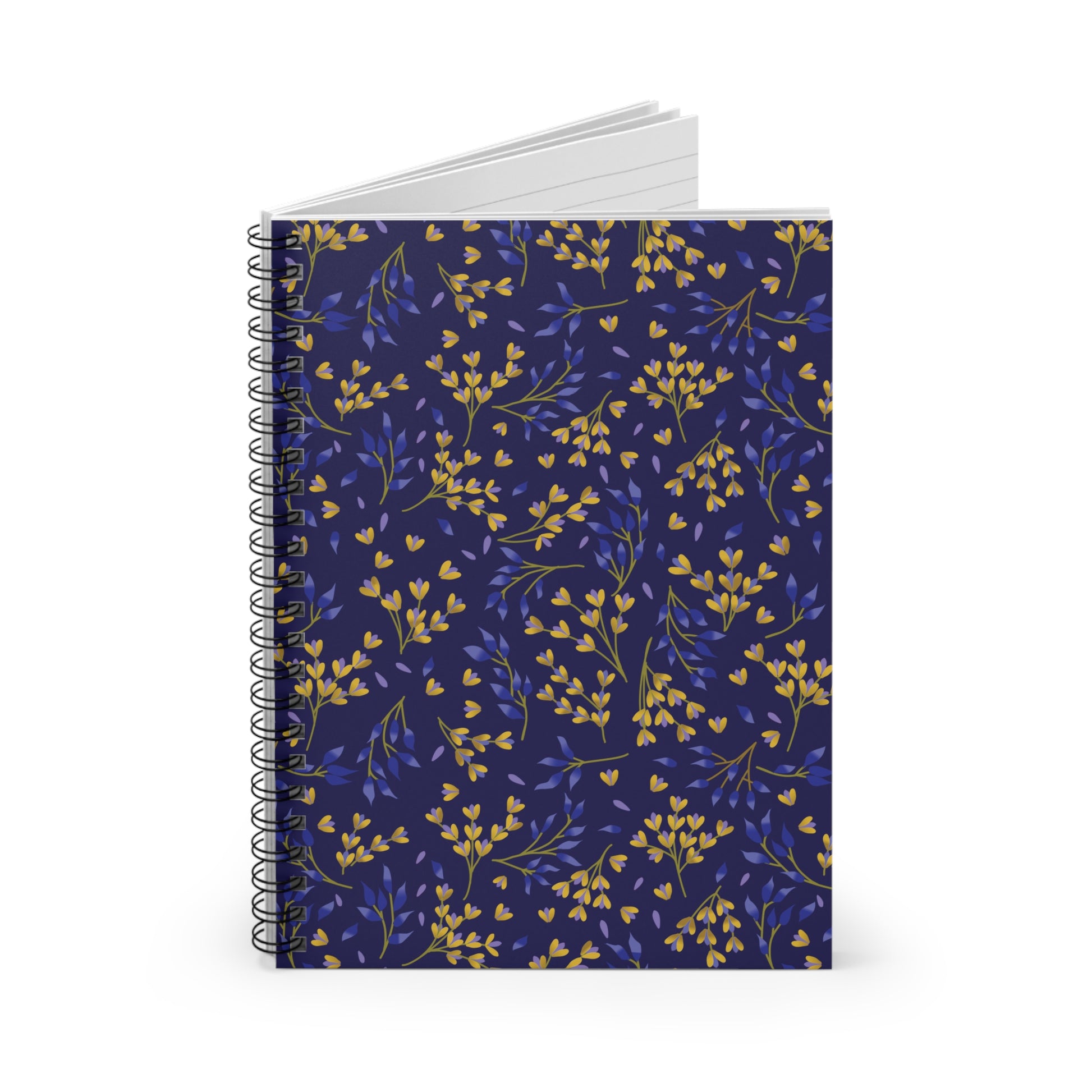 Floral Spiral Notebook with a dark blue cover and yellow-purple leafy sprigs, featuring sleek metal binding and blank white pages, ideal for creative journaling or note-taking. Compact and eco-friendly design.