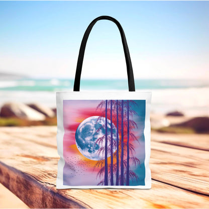 Moonlit Landscape Tote Bag showcases a vibrant full moon and silhouetted trees in an abstract style, perfect for nature enthusiasts. Designed for durability, this tote embodies FireBrook Essentials' uplifting and stylish essence.