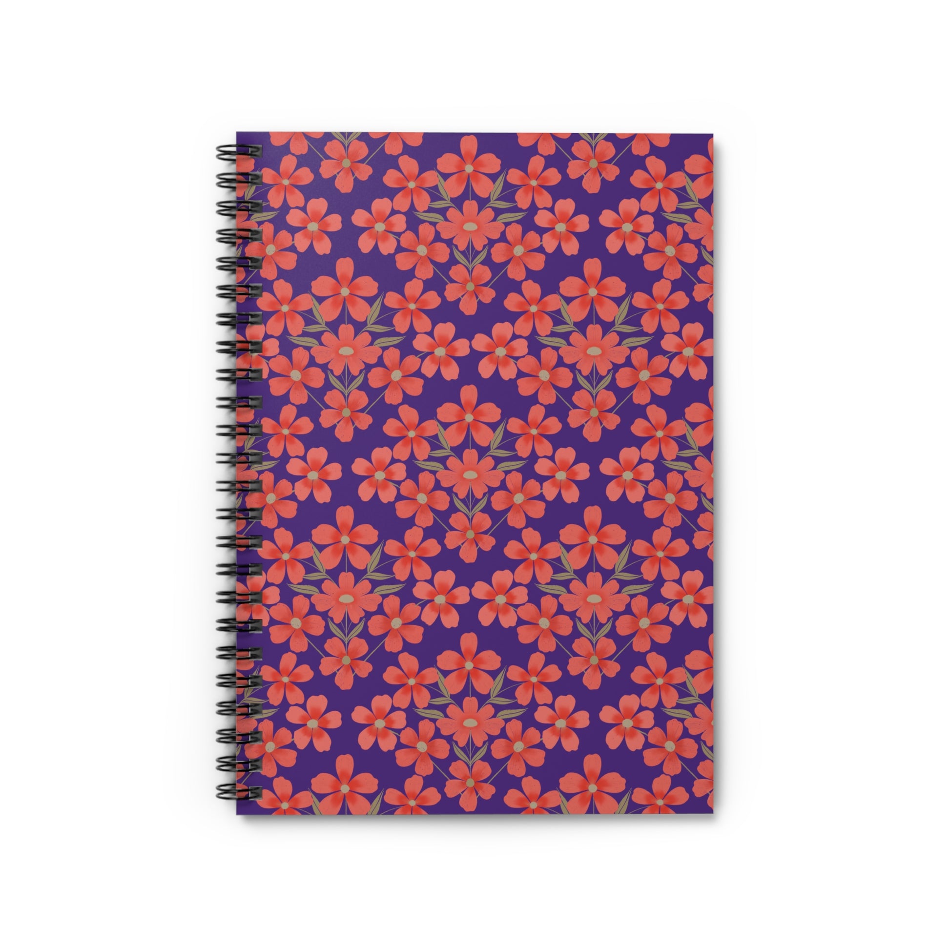 Floral Spiral Notebook with vibrant red-orange flowers on a purple cover, featuring durable black metal binding. Ideal for creative journaling or note-taking, reflecting FireBrook Designs' uplifting style.