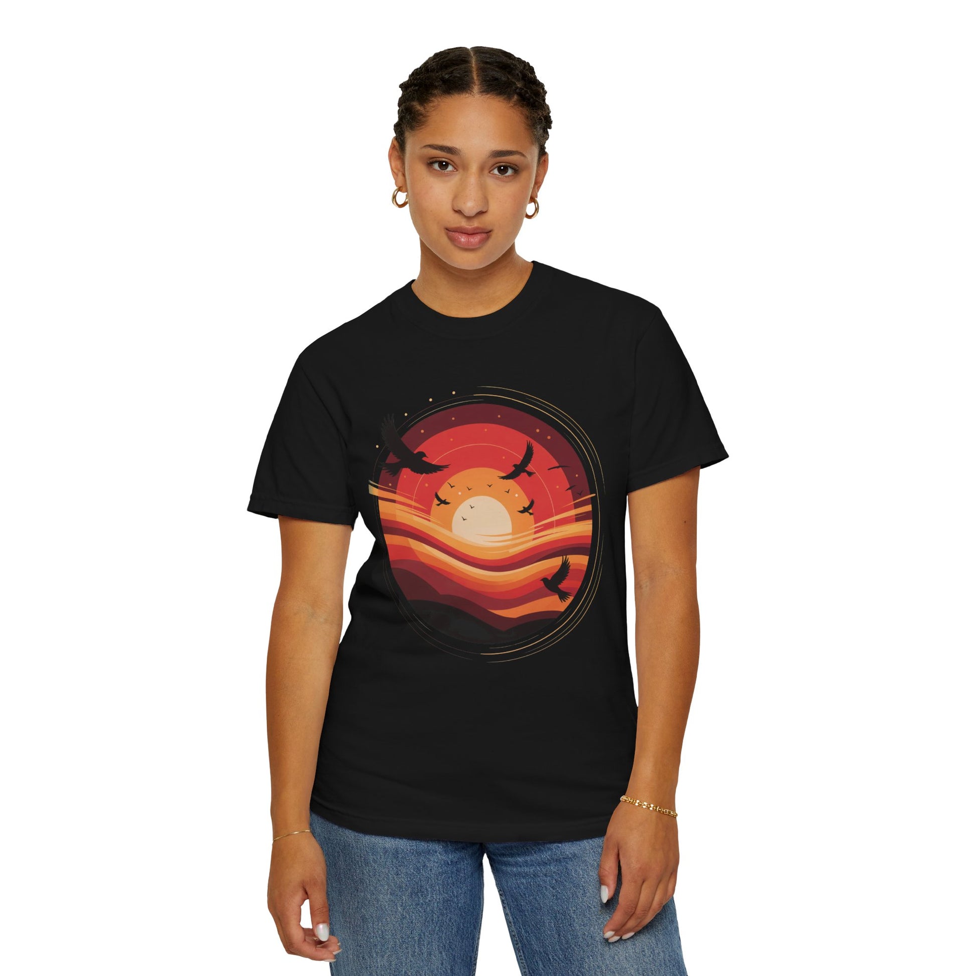 Sunset Energy Abstract T-Shirt featuring a bold sunset-themed design with layered concentric rings and silhouetted birds, ideal for adding vibrant energy to casual, summer, or vacation outfits.
