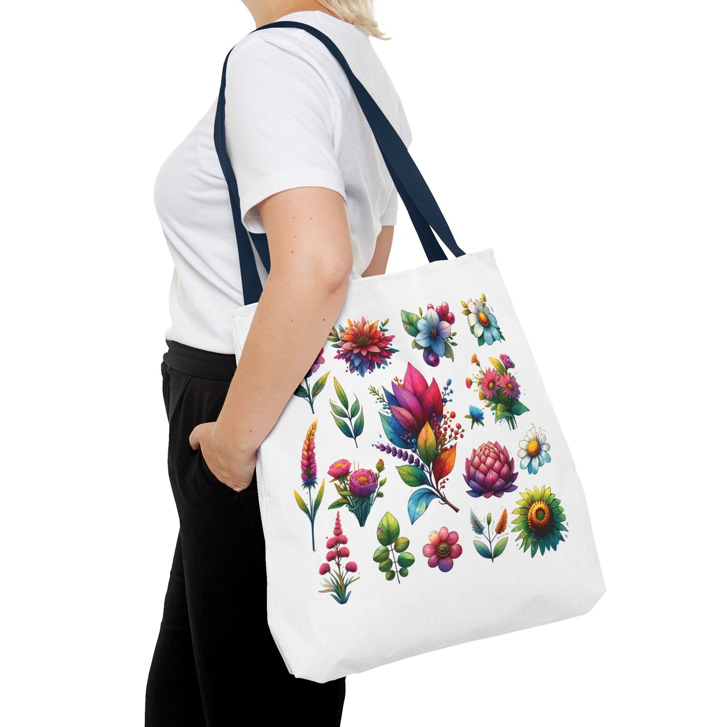 Floral Tote Bag held by a woman, showcasing vibrant flower design, ideal for nature enthusiasts, with durable polyester material and reinforced handles for everyday use.