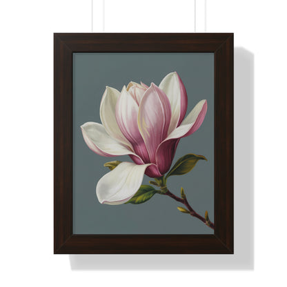 Vertical Poster - Magnolia Flower Design: A close-up of a magnolia flower, capturing its delicate white and pink petals, set in an elegant frame, ideal for enhancing any space with botanical tranquility.
