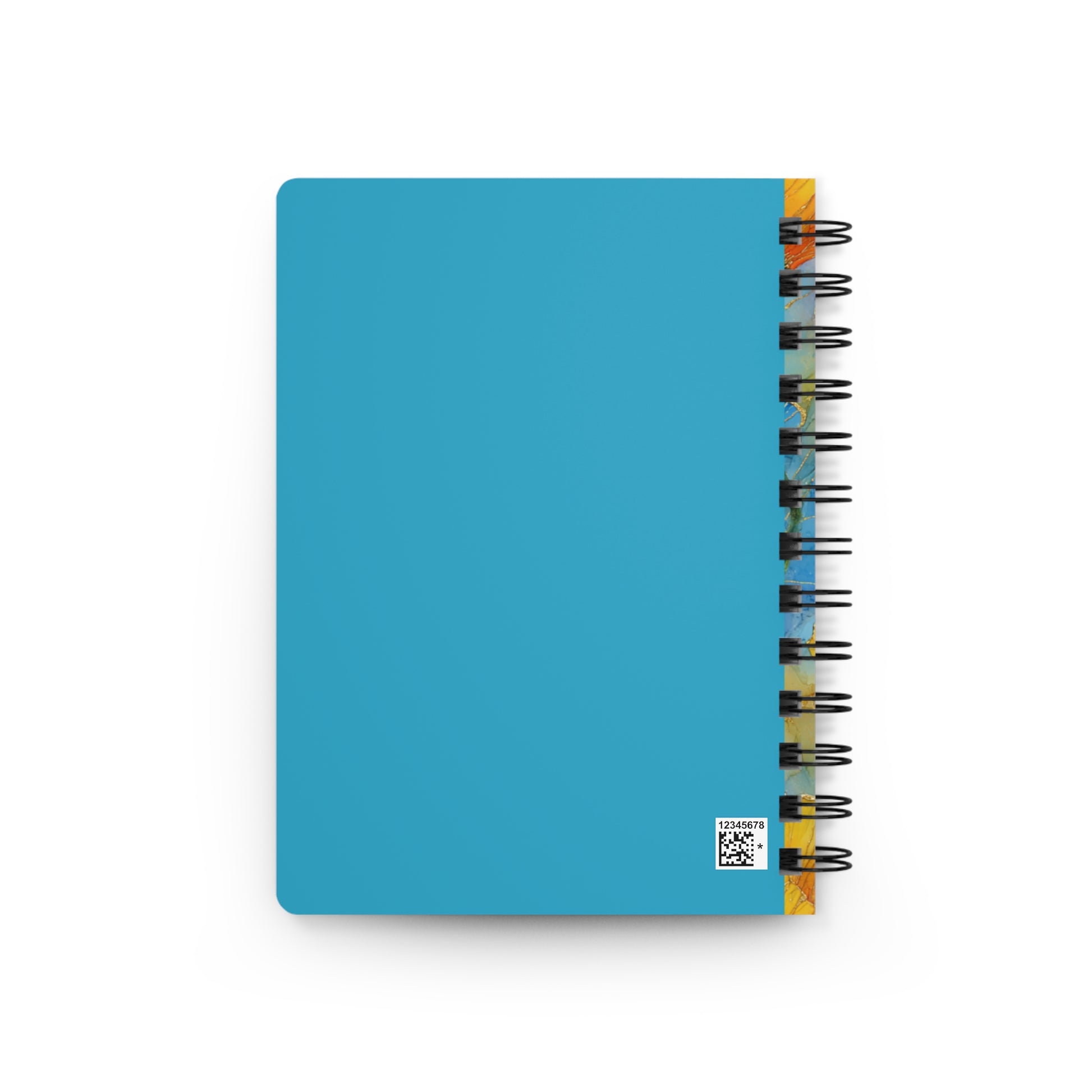 SPIRAL JOURNAL, DURABLE GLOSSY COVER, RULED, 5X7 features a turquoise-blue cover with a colorful map-like graphic edge, black wire binding, and a small QR code label, ideal for smooth writing.