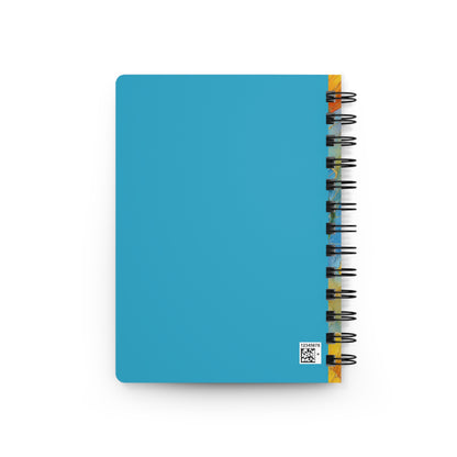 SPIRAL JOURNAL, DURABLE GLOSSY COVER, RULED, 5X7 features a turquoise-blue cover with a colorful map-like graphic edge, black wire binding, and a small QR code label, ideal for smooth writing.