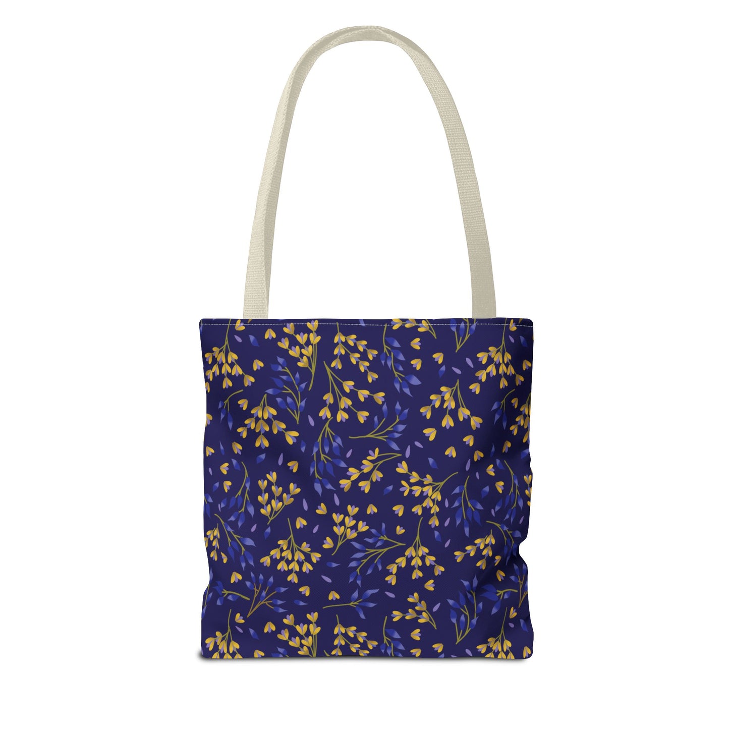 Floral Tote Bag with navy-blue body, adorned with yellow-gold botanical patterns and off-white straps—perfect for joyful summer outings, reflecting FireBrook Essentials’ uplifting and stylish design philosophy.