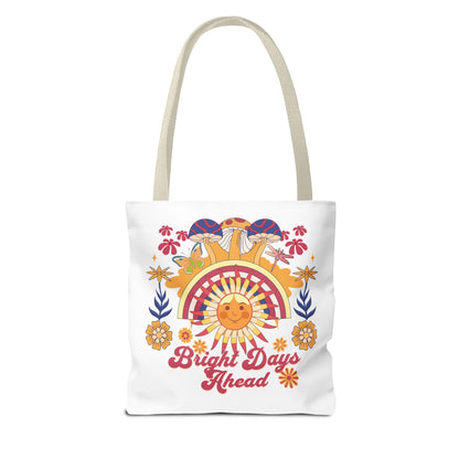 Bright Days Ahead Sunshine Floral Tote Bag featuring a cheerful design of sunshine, flowers, and butterflies, perfect for uplifting outdoor adventures. Ideal for beach trips, picnics, and market runs.