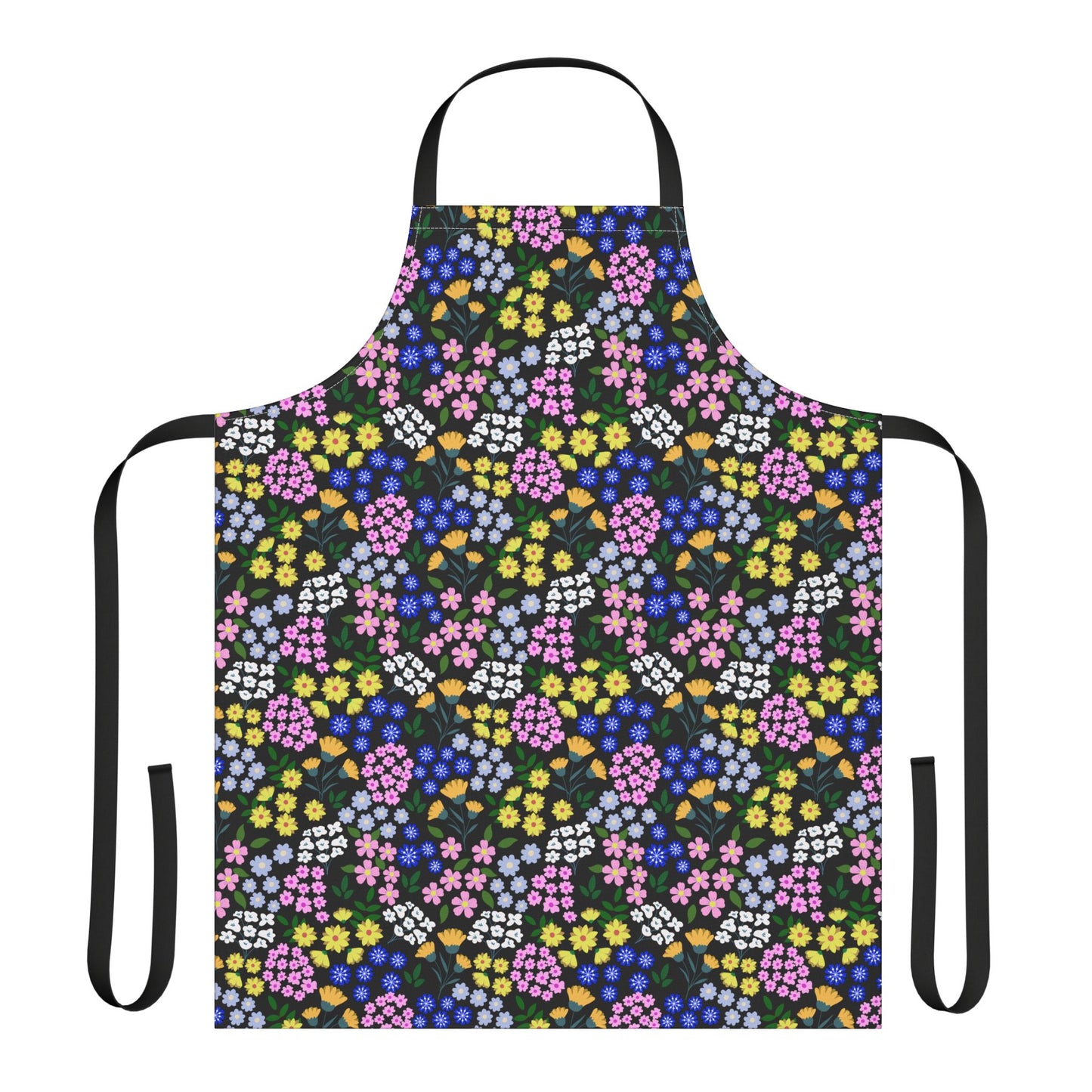 Apron Floral Design: A full-coverage bib-style apron with vibrant floral patterns on a dark background, featuring a black neck loop and waist ties, embodying FireBrook Essentials' blend of comfort and style.