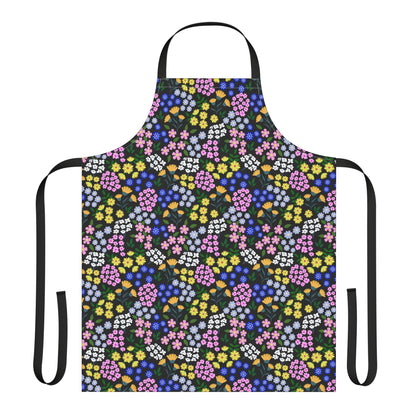 Apron Floral Design: A full-coverage bib-style apron with vibrant floral patterns on a dark background, featuring a black neck loop and waist ties, embodying FireBrook Essentials' blend of comfort and style.
