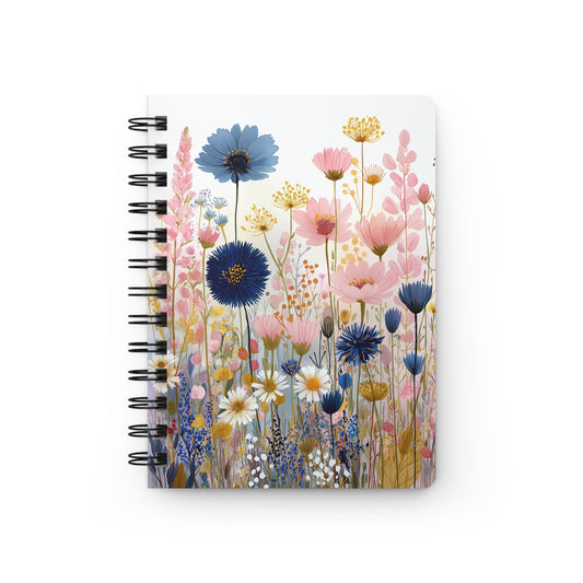 SPIRAL JOURNAL, DURABLE GLOSSY COVER, RULED, 5X7, PASTEL FIELD 002 features a watercolor meadow of wildflowers on the cover, with robust metal spiral binding and smooth lined pages, offering vibrant FireBrook Essentials design.