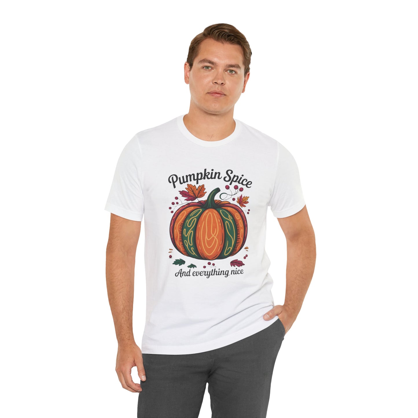 Pumpkin Spice and Everything Nice Fall Thanksgiving Bella+Canvas Unisex T-Shirt exudes autumnal comfort, showcasing a cozy, stylish design perfect for fall festivities, aligning with FireBrook Essentials' uplifting, joyful apparel collection.