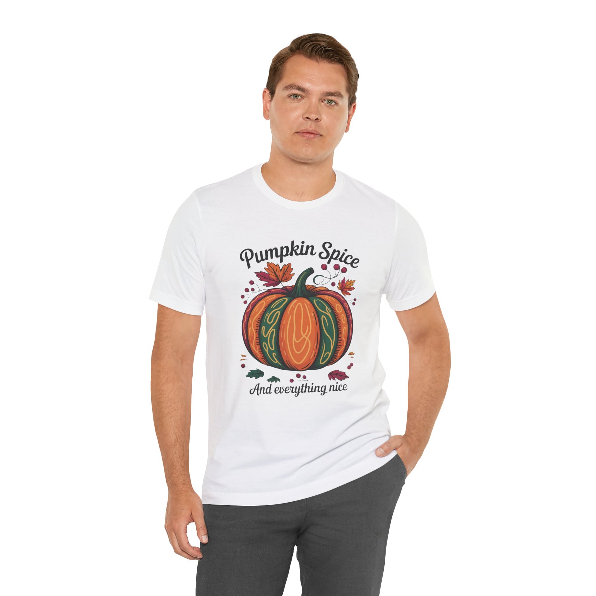 Pumpkin Spice and Everything Nice Fall Thanksgiving Bella+Canvas Unisex T-Shirt exudes autumnal comfort, showcasing a cozy, stylish design perfect for fall festivities, aligning with FireBrook Essentials' uplifting, joyful apparel collection.
