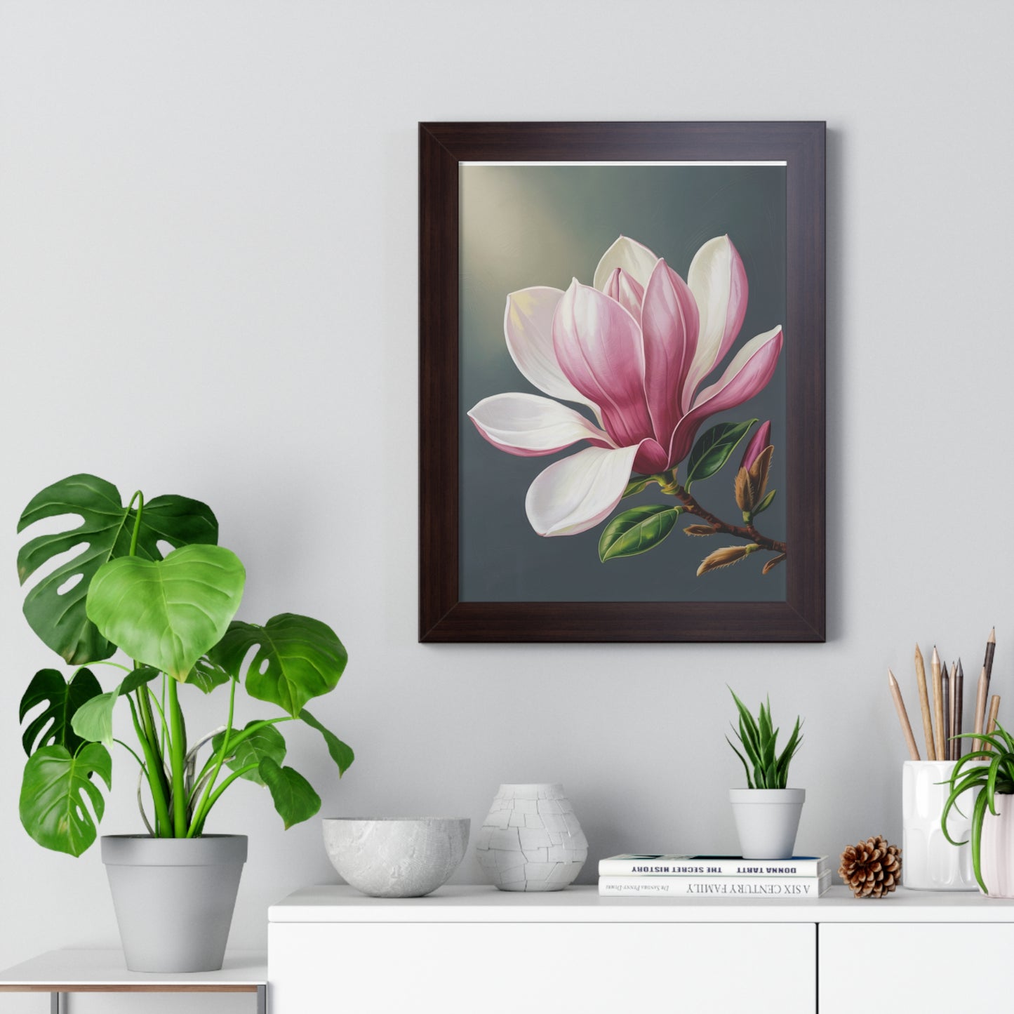 Vertical Poster - Magnolia Floral Design: A sophisticated framed poster showcasing a magnolia-themed botanical illustration, perfect for art enthusiasts and nature lovers seeking to enhance their home decor with elegance.