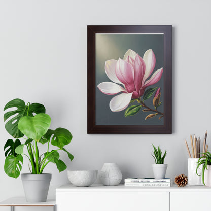 Vertical Poster - Magnolia Floral Design: A sophisticated framed poster showcasing a magnolia-themed botanical illustration, perfect for art enthusiasts and nature lovers seeking to enhance their home decor with elegance.