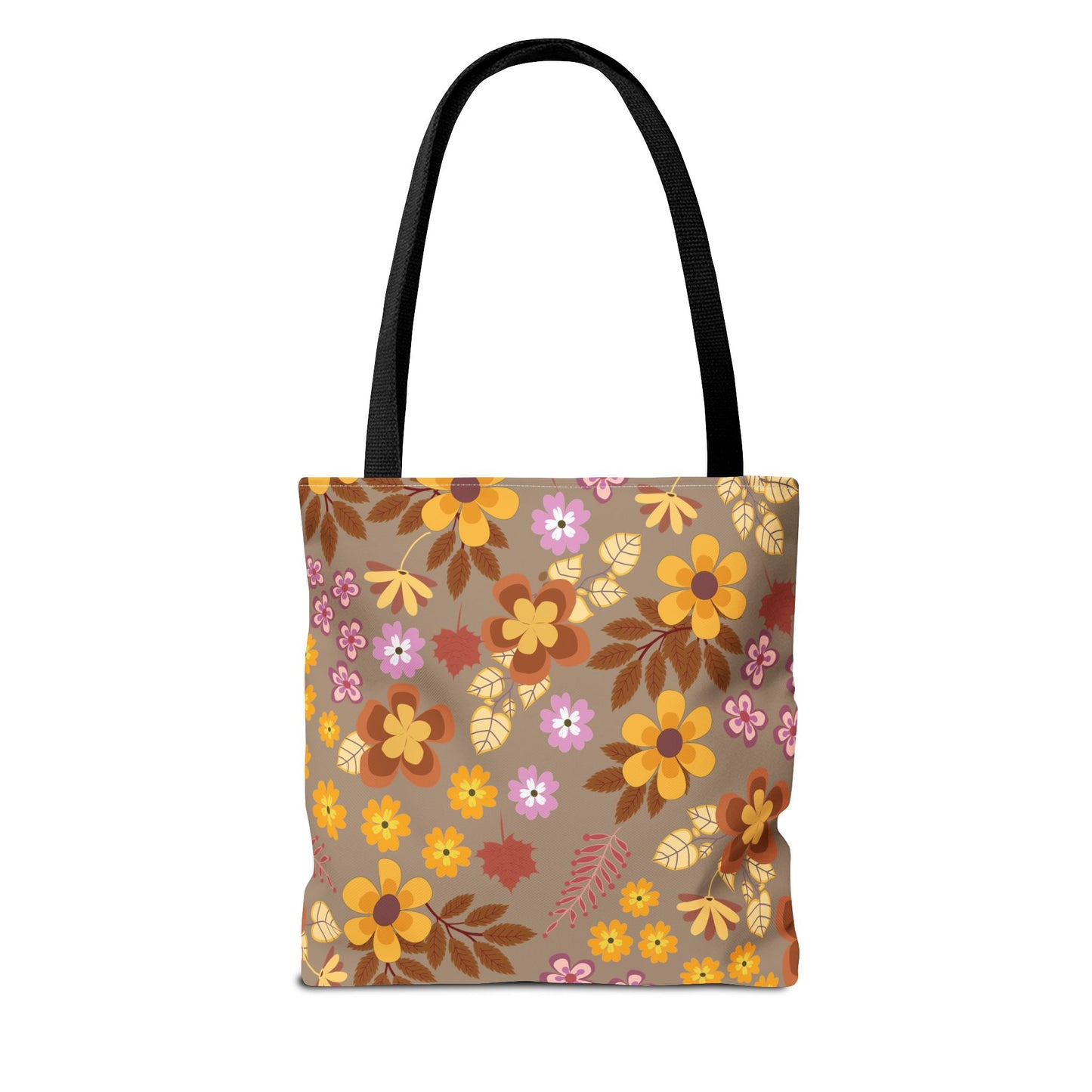Harvest Brown Bloom Tote Bag with black straps, featuring a vibrant floral pattern in warm tones on a taupe background. Ideal for summer outings, it's a durable, stylish accessory from FireBrook Designs.
