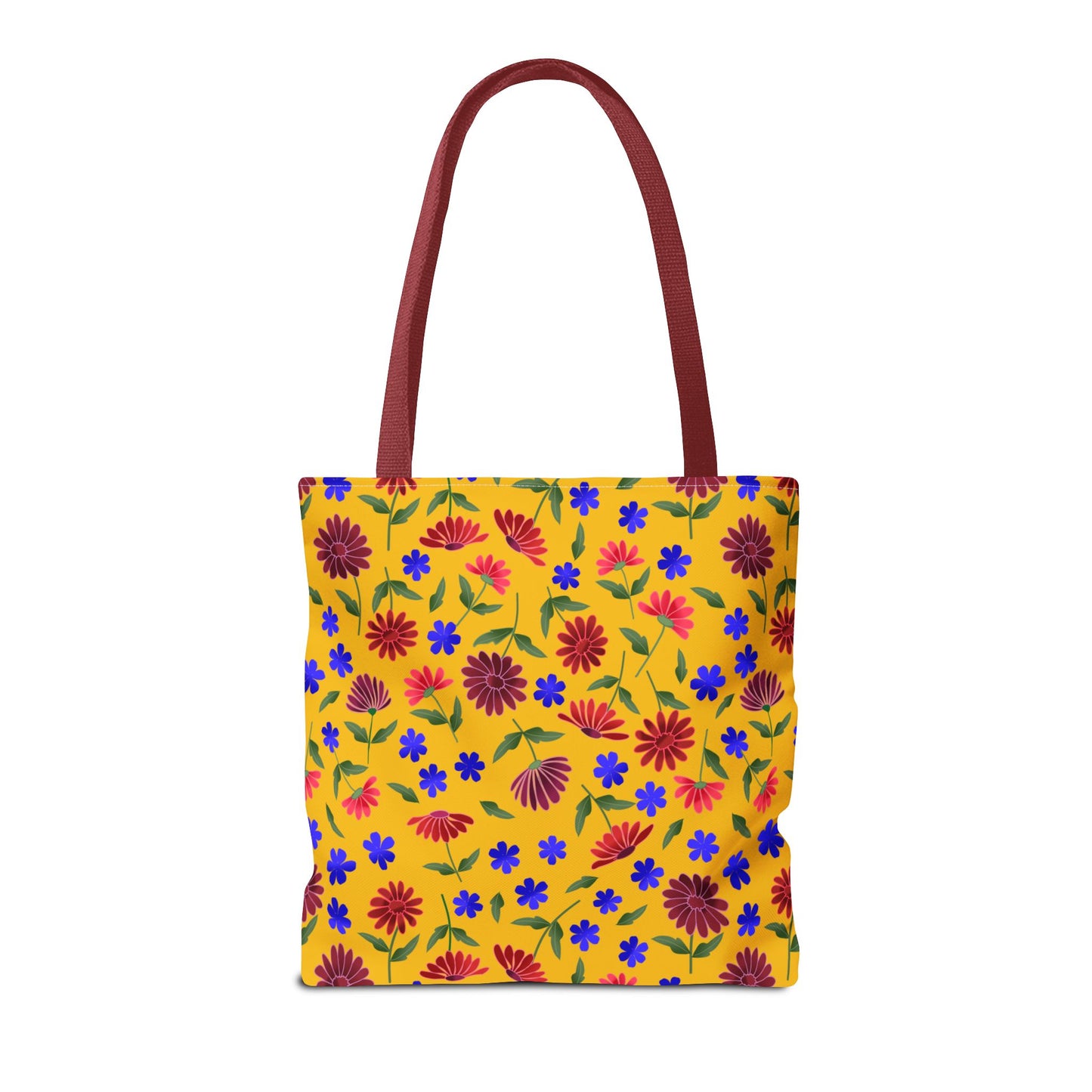 Golden Wildflower Tote Bag featuring a warm golden body with a scattered floral design, burgundy-red handles, and reinforced stitching, ideal for joyful, everyday use.