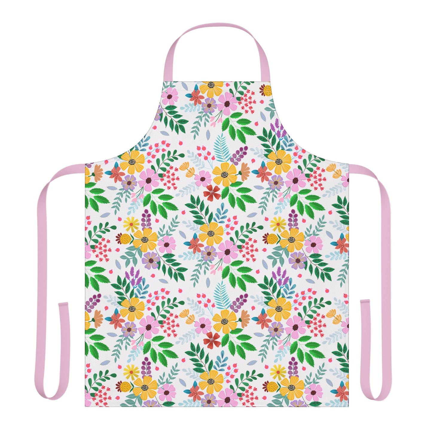 Floral Apron from FireBrook Designs showcases a vibrant hand-drawn floral pattern, featuring colorful blossoms and green leaves on a soft polyester canvas with pale pink neck and side ties, offering stylish, stain-free protection.