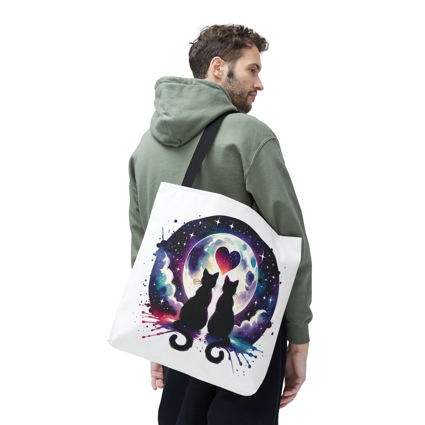 Copy of Cat Lovers Under the Moon Tote Bag, showcasing a charming cat design, ideal for everyday use. Durable polyester with boxed corners and reinforced handles, perfect for groceries or books. Available in three sizes.